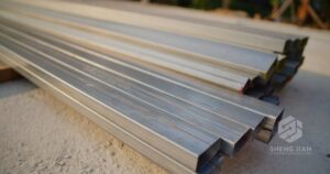 Close-up of galvanized steel showing texture and metallic finish.