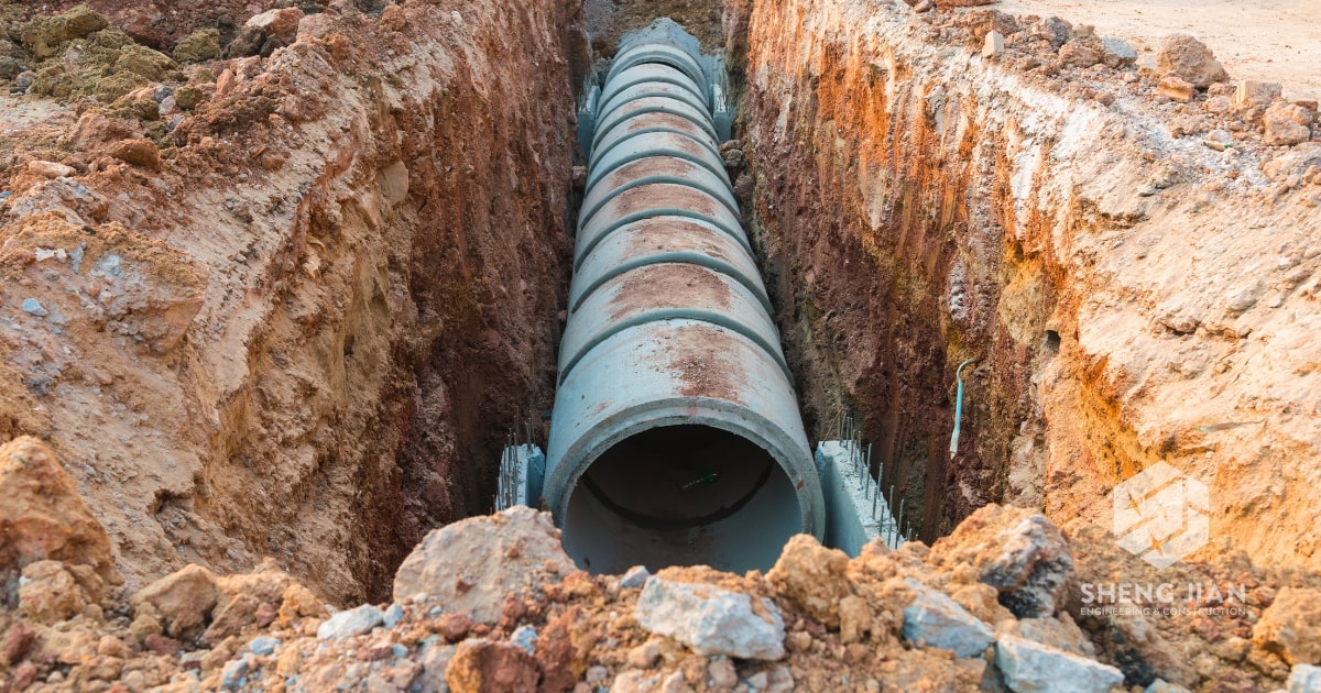 Concrete pipes in a wastewater treatment facility.