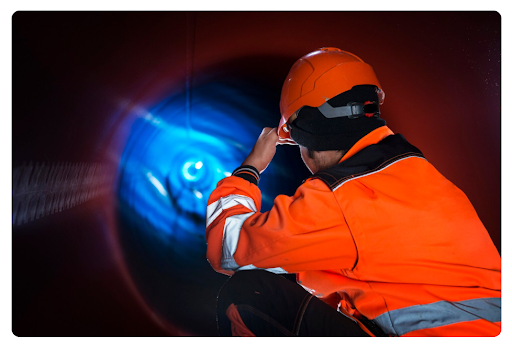 A pipeline construction worker inspects the interior of industrial piping.